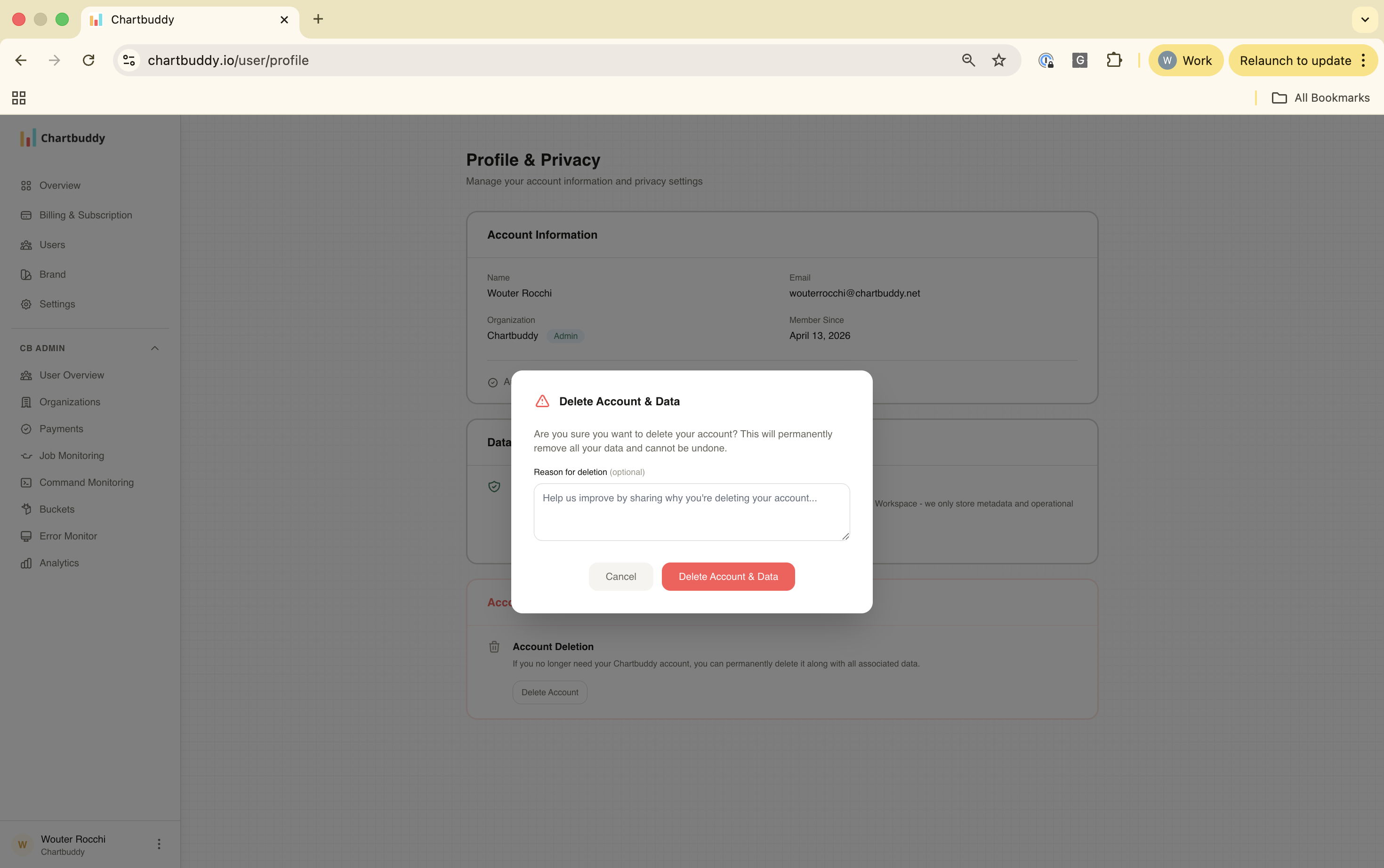 Account deletion section in profile settings
